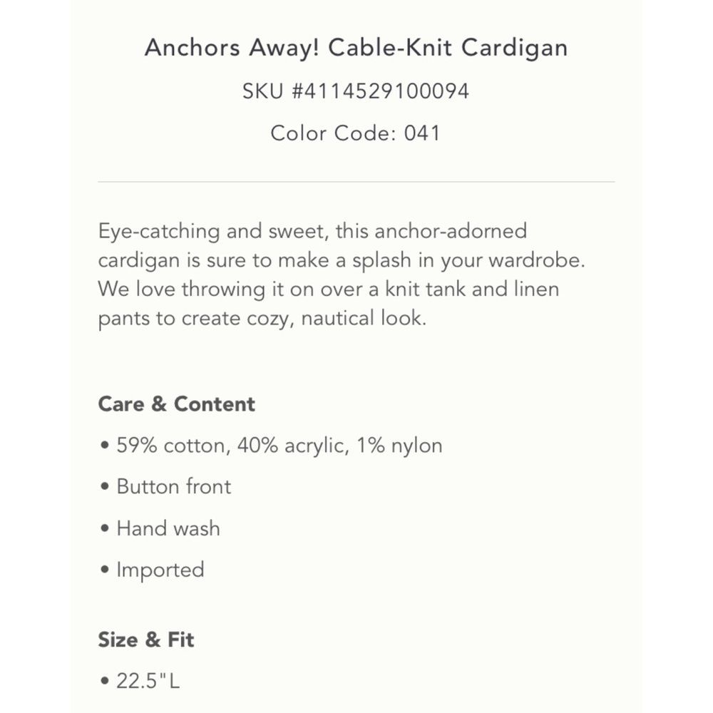 Anchors Away! Cableknit Cardigan NWT S - Picture 6 of 14